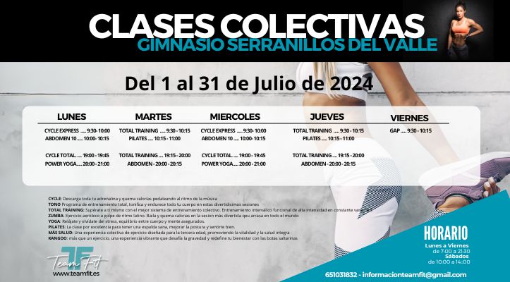 CLASES COLECTIVAS GIMNASIO SERRANILLOS - JULIO 2024